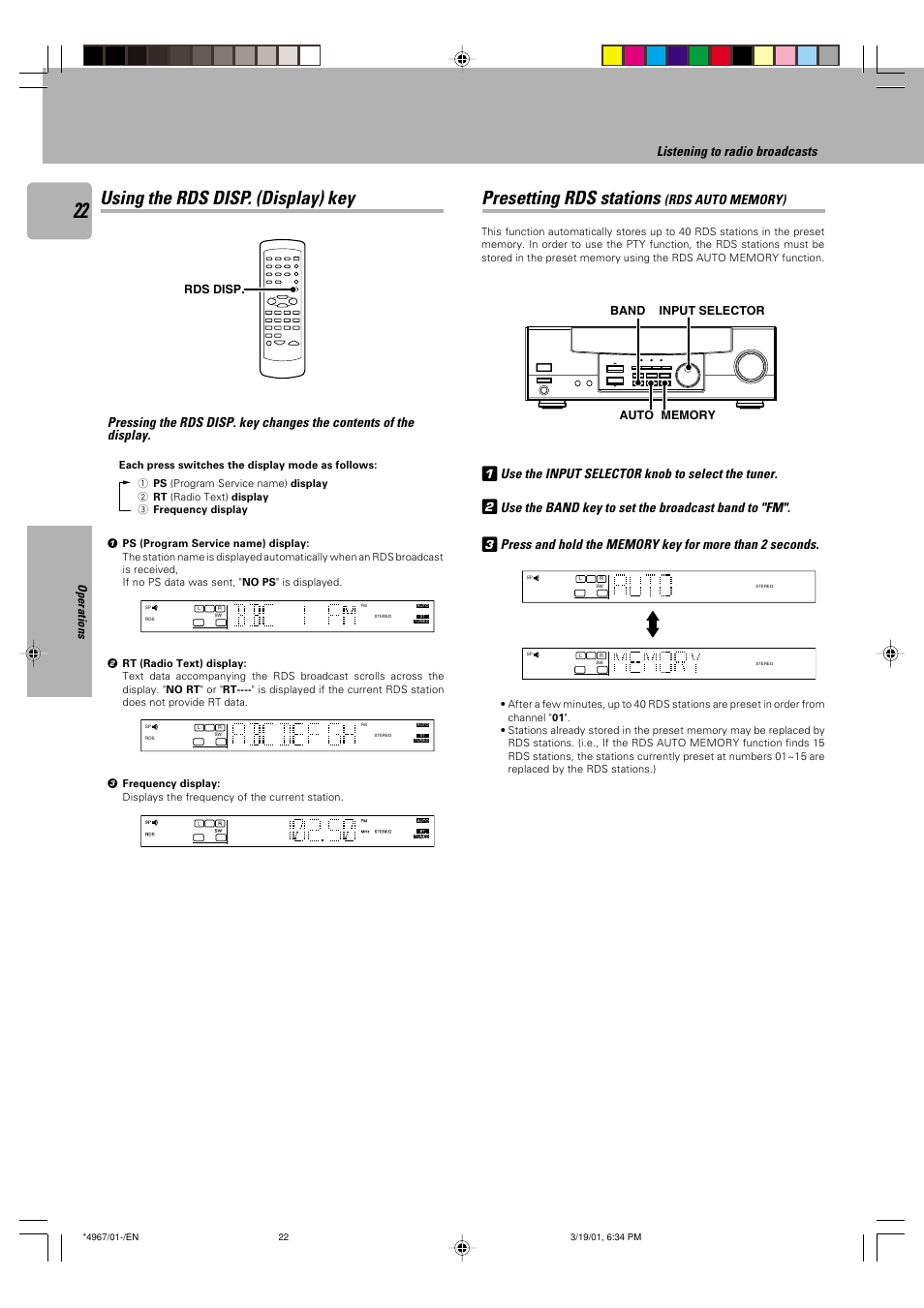 Using the rds disp. (display) key, Presetting rds stations (rds auto memory), Presetting rds stations | Listening to radio broadcasts | Kenwood KRF-V4550D User Manual | Page 22 / 32