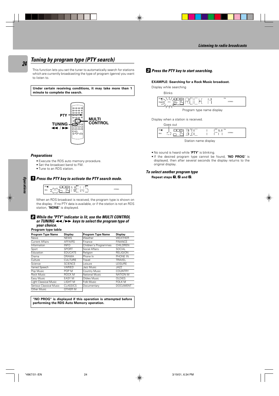 Tuning by program type (pty search), Listening to radio broadcasts, Preparations | Press the pty key to start searching, Keys to select the program type of your choice, Tuning, 1 / ¡ multi control, Operations | Kenwood KRF-V4550D User Manual | Page 24 / 32
