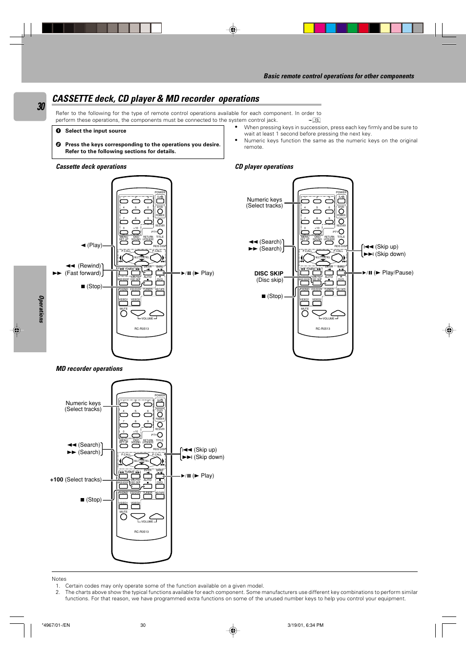 Cassette deck, cd player & md recorder operations, Operations | Kenwood KRF-V4550D User Manual | Page 30 / 32