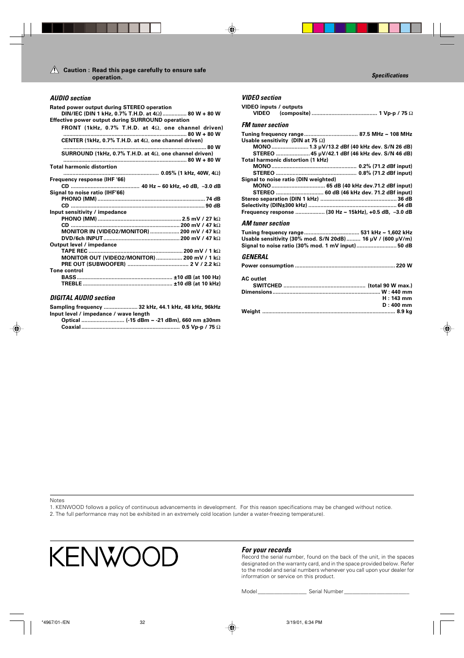 Specifications, For your records | Kenwood KRF-V4550D User Manual | Page 32 / 32