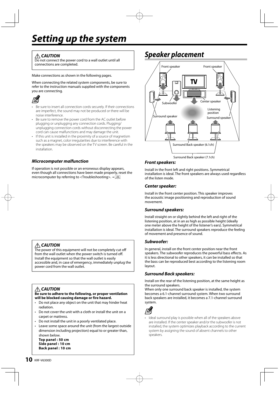 Setting up the system, Speaker placement | Kenwood KRF-V6300D User Manual | Page 10 / 48