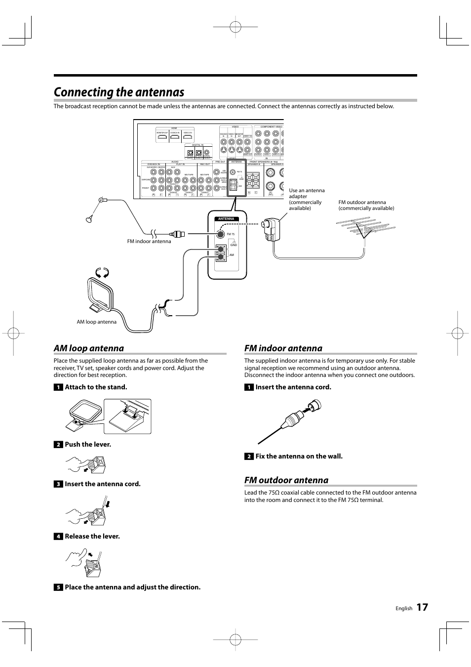 Connecting the antennas, Am loop antenna, Fm indoor antenna | Fm outdoor antenna, Œ attach to the stand, Push the lever, É insert the antenna cord, Release the lever, Place the antenna and adjust the direction, Œ insert the antenna cord | Kenwood KRF-V6300D User Manual | Page 17 / 48