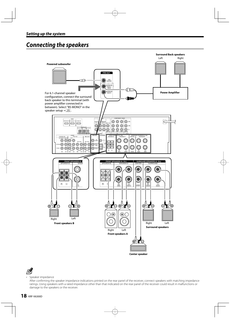 Connecting the speakers, Setting up the system, Krf-v6300d | Kenwood KRF-V6300D User Manual | Page 18 / 48