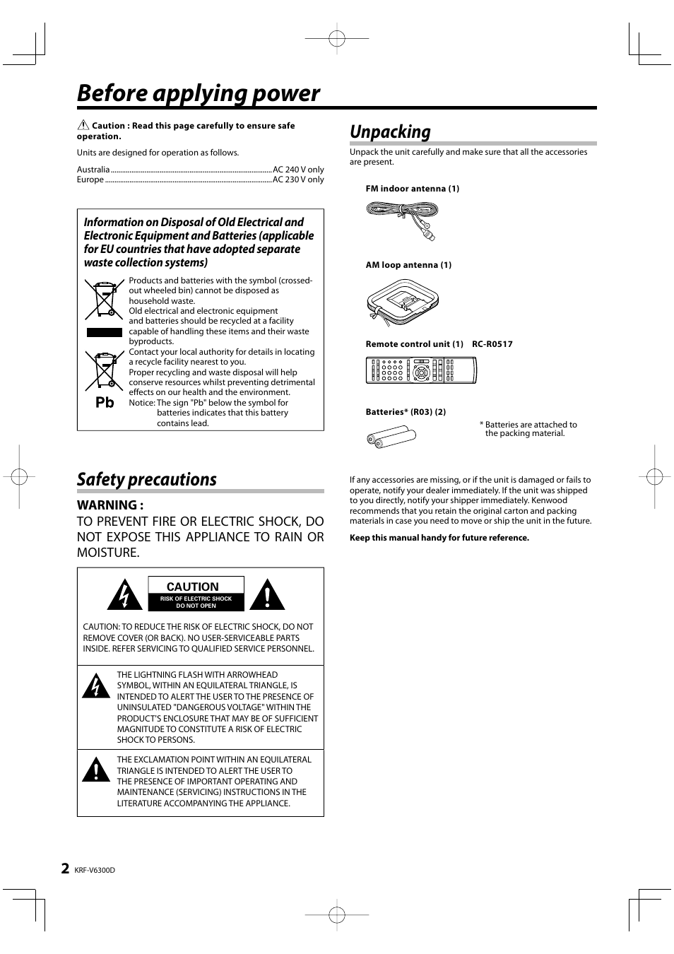 Before applying power, Unpacking, Safety precautions | Kenwood KRF-V6300D User Manual | Page 2 / 48