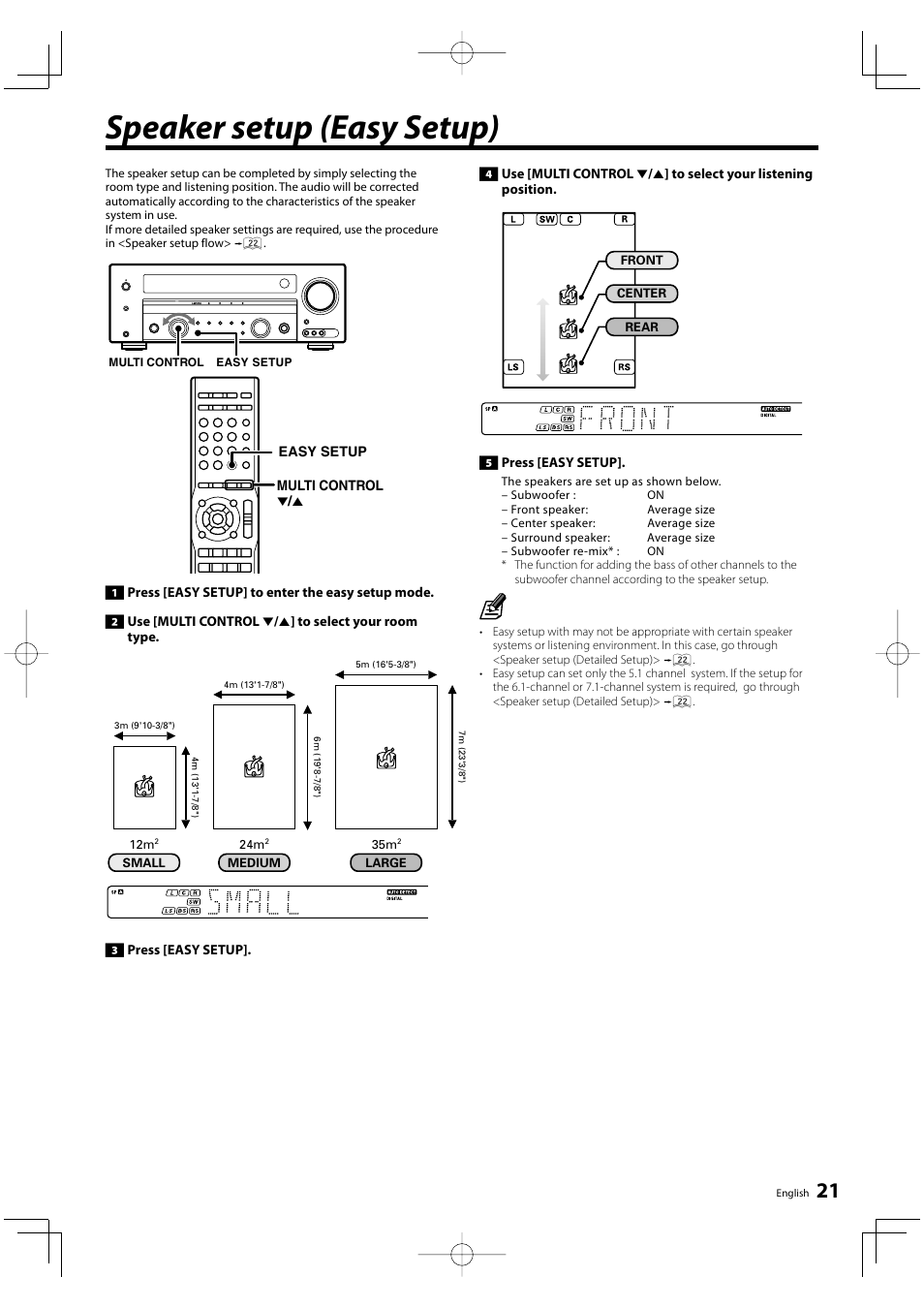 Speaker setup (easy setup) | Kenwood KRF-V6300D User Manual | Page 21 / 48