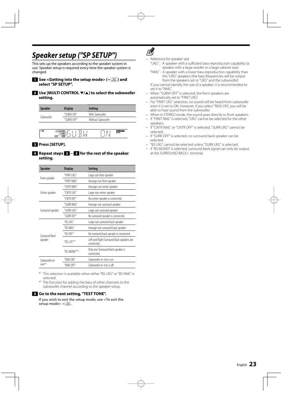 Speaker setup ("sp setup") | Kenwood KRF-V6300D User Manual | Page 23 / 48