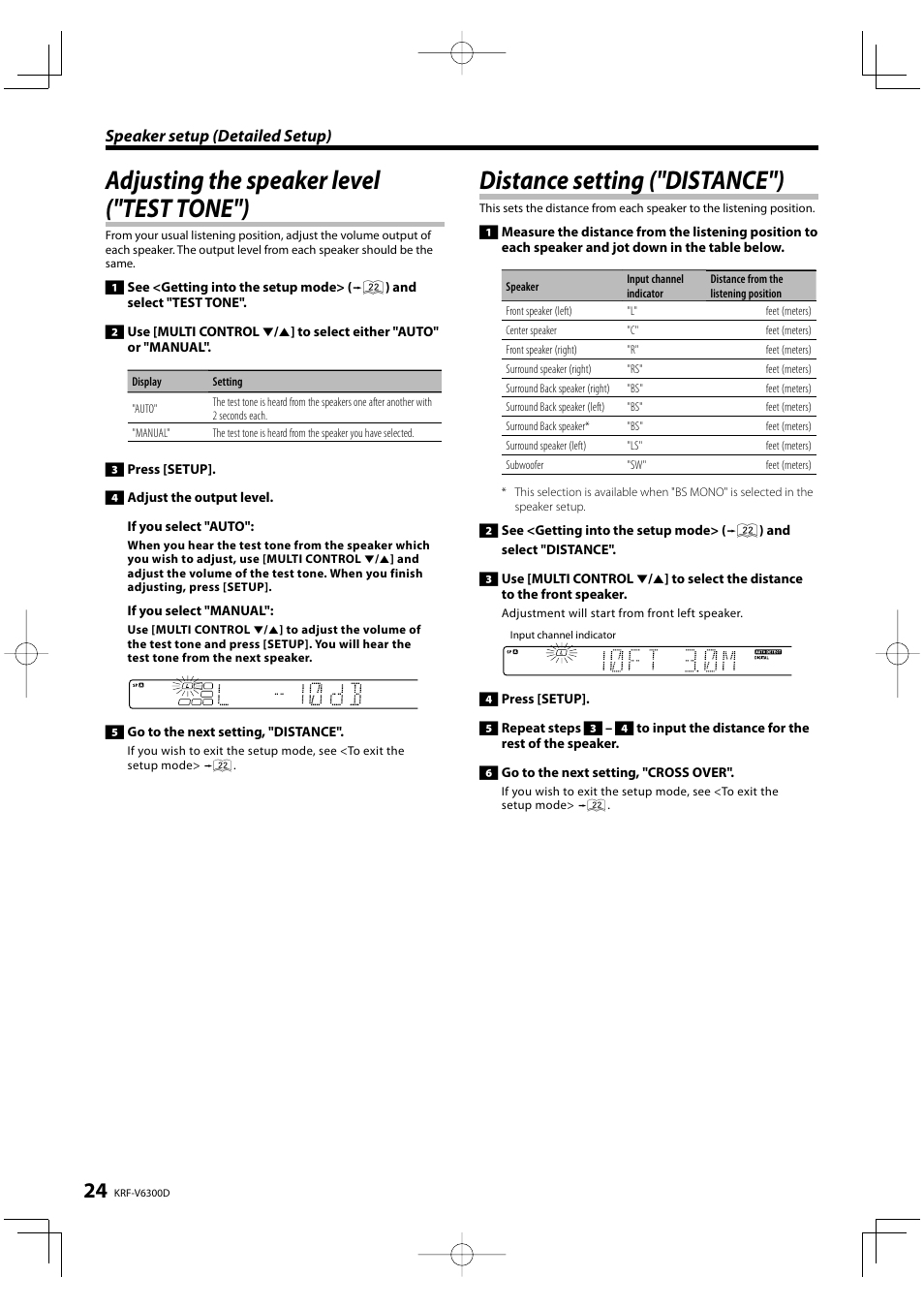 Adjusting the speaker level ("test tone"), Distance setting ("distance"), Speaker setup (detailed setup) | Kenwood KRF-V6300D User Manual | Page 24 / 48