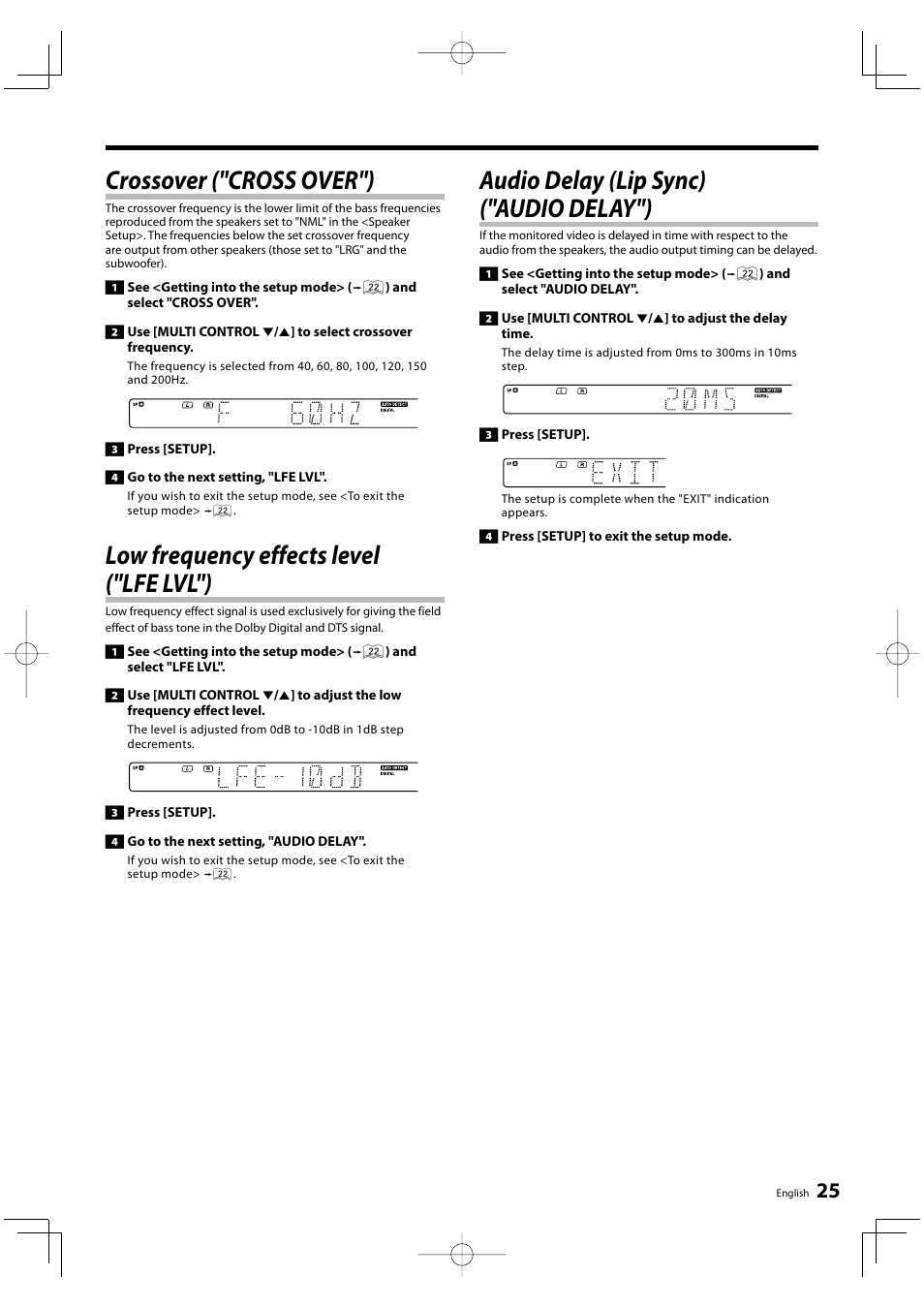 Crossover ("cross over"), Low frequency effects level ("lfe lvl"), Audio delay (lip sync) ("audio delay") | Kenwood KRF-V6300D User Manual | Page 25 / 48