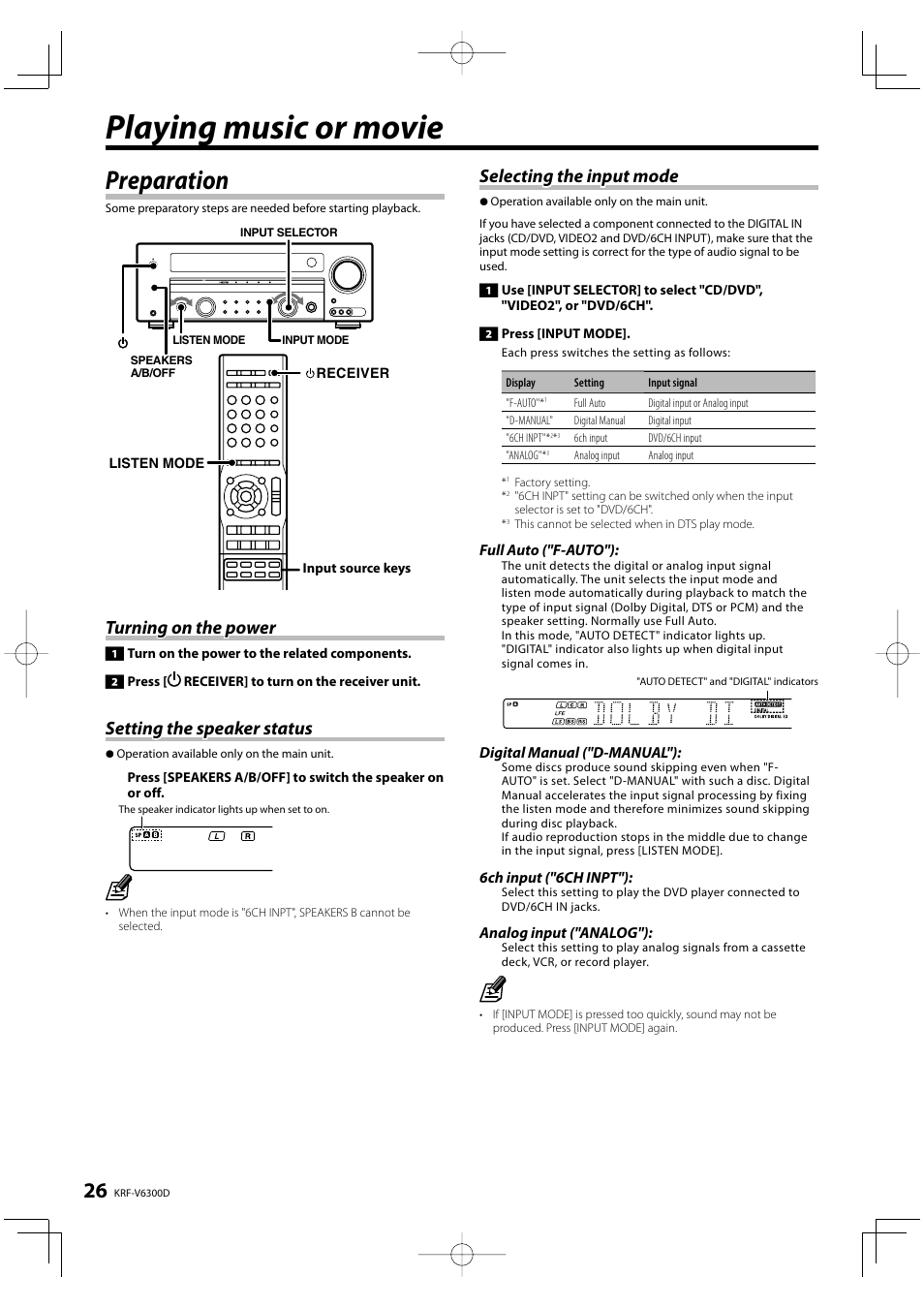 Playing music or movie, Preparation, Turning on the power | Setting the speaker status, Selecting the input mode | Kenwood KRF-V6300D User Manual | Page 26 / 48