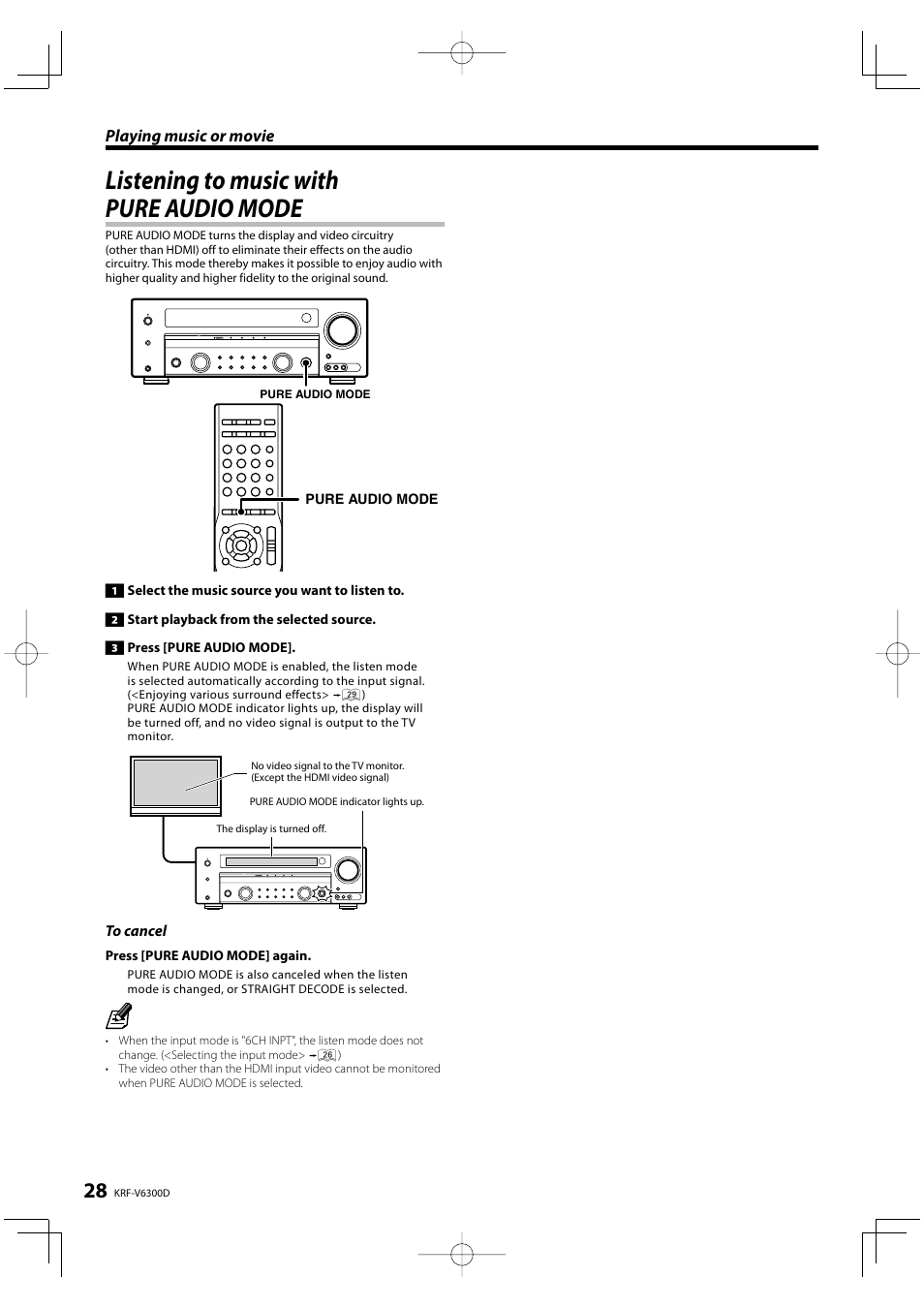 Listening to music with pure audio mode, Playing music or movie | Kenwood KRF-V6300D User Manual | Page 28 / 48