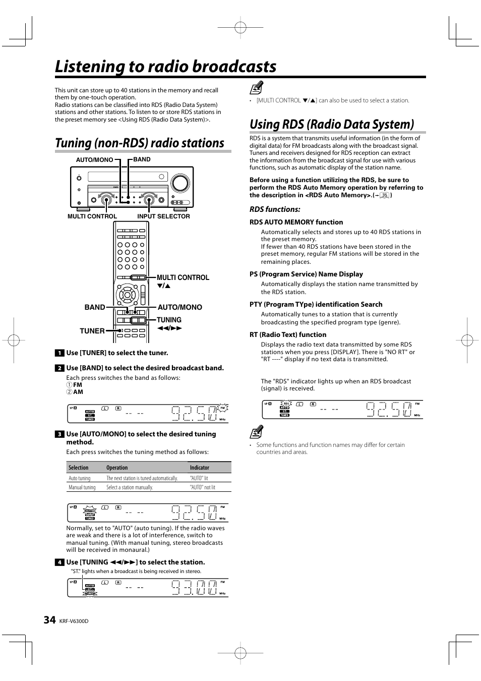 Listening to radio broadcasts, Tuning (non-rds) radio stations, Using rds (radio data system) | Kenwood KRF-V6300D User Manual | Page 34 / 48