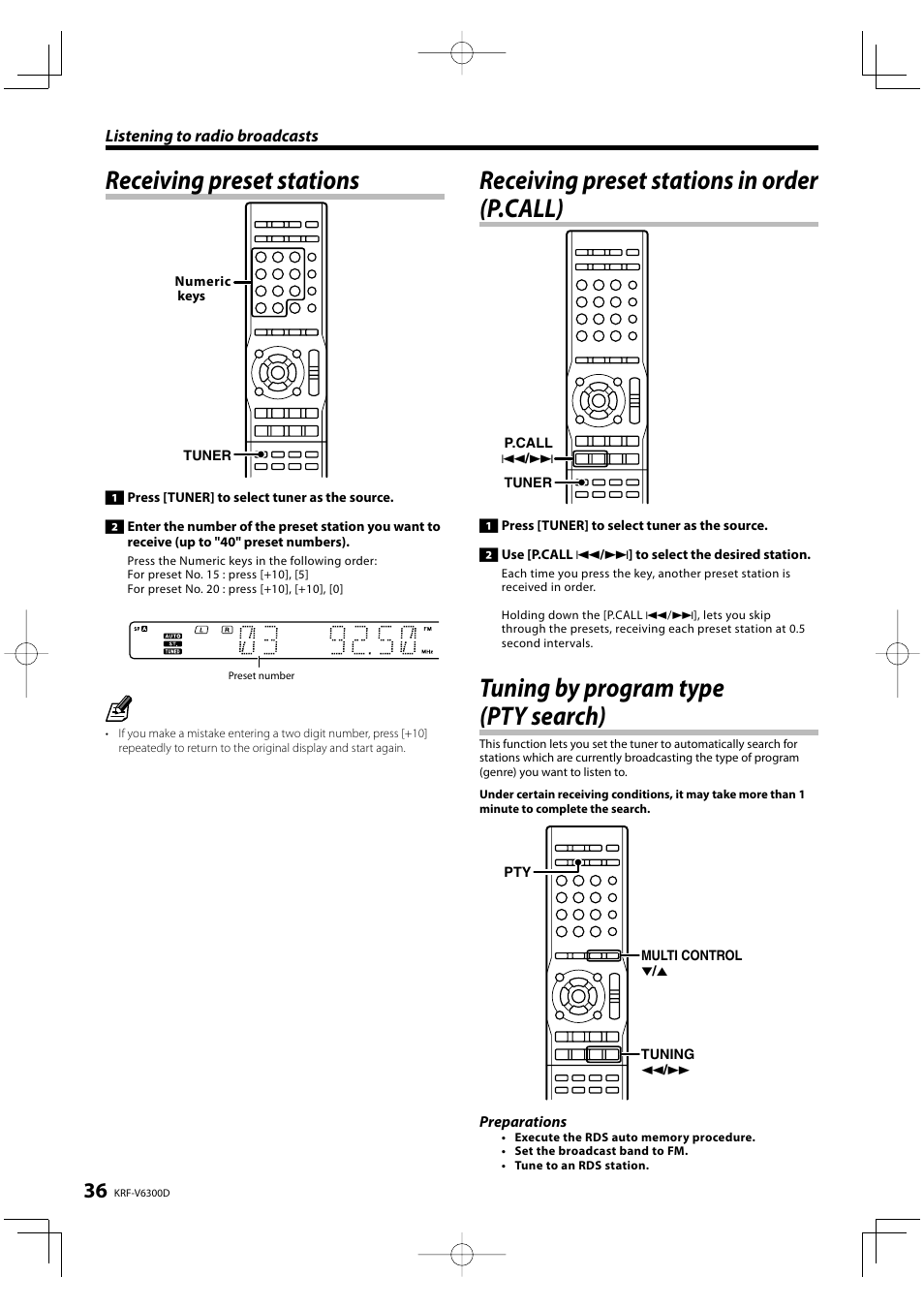 Receiving preset stations, Receiving preset stations in order (p.call), Tuning by program type (pty search) | Kenwood KRF-V6300D User Manual | Page 36 / 48