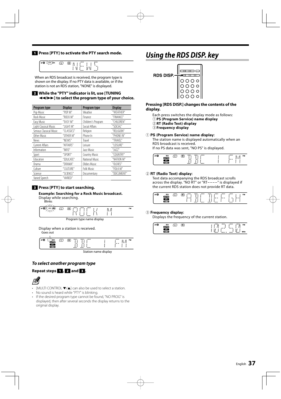 Using the rds disp. key | Kenwood KRF-V6300D User Manual | Page 37 / 48