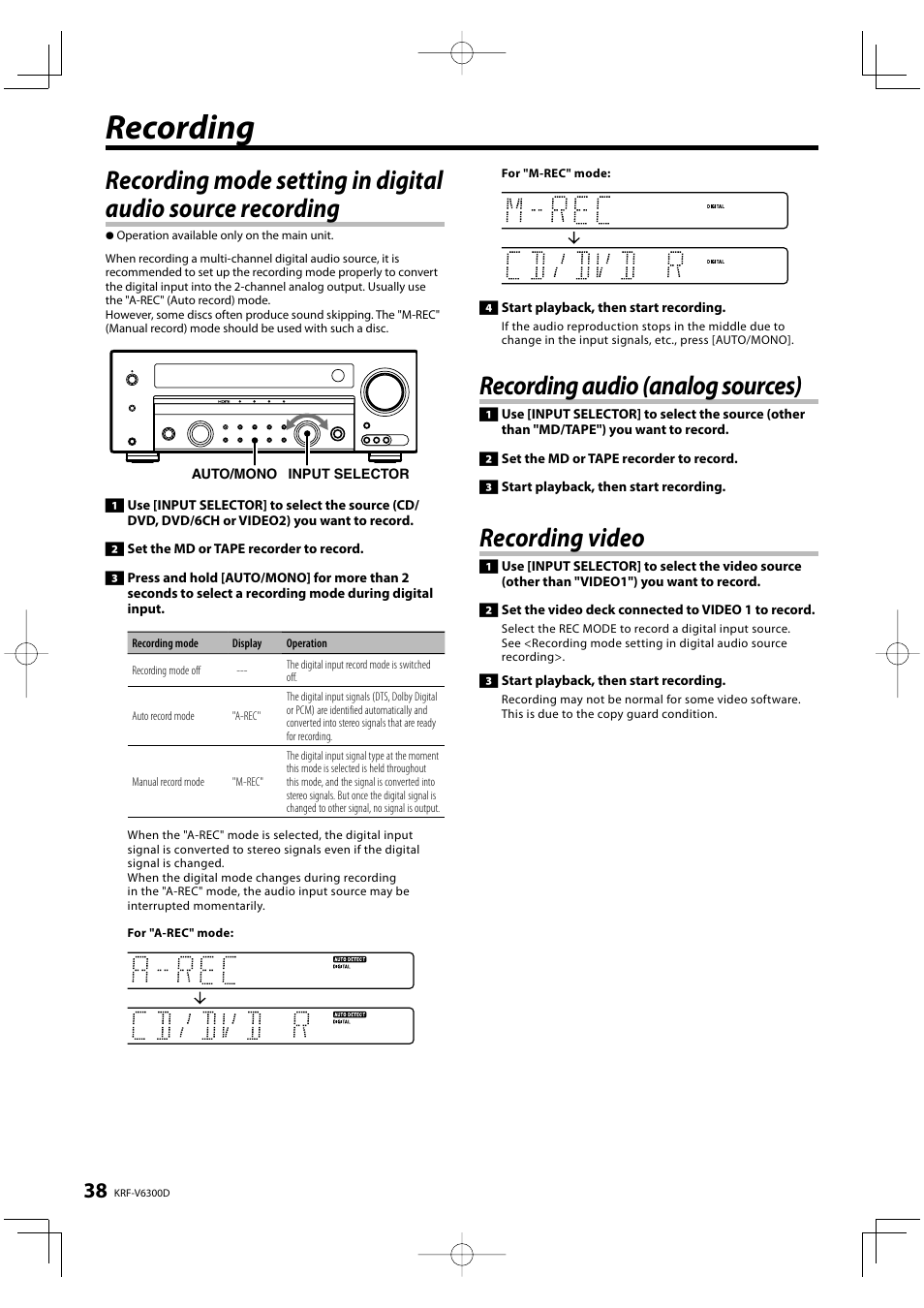 Recording, Recording audio (analog sources), Recording video | Kenwood KRF-V6300D User Manual | Page 38 / 48