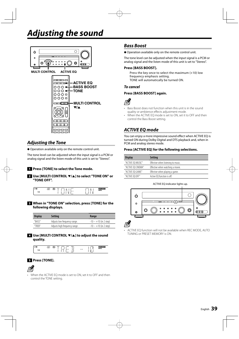 Adjusting the sound, Adjusting the tone, Bass boost | Active eq mode | Kenwood KRF-V6300D User Manual | Page 39 / 48