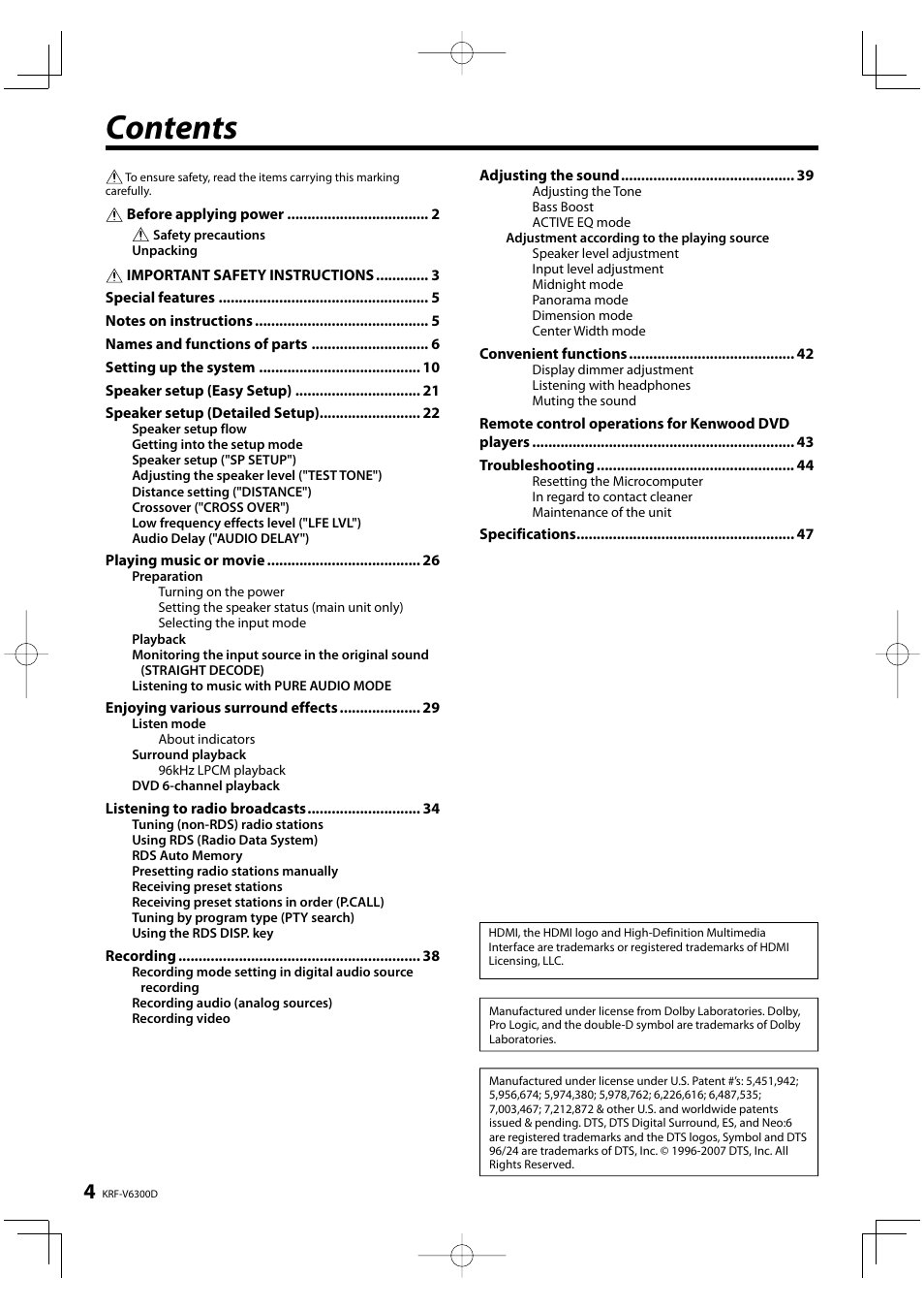 Kenwood KRF-V6300D User Manual | Page 4 / 48