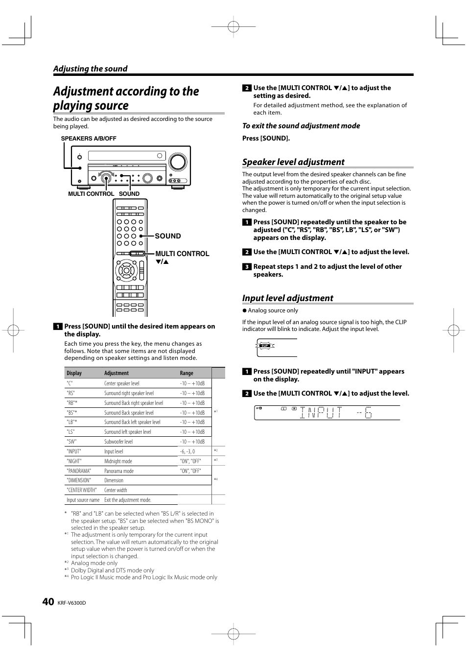 Adjustment according to the playing source, Speaker level adjustment, Input level adjustment | Adjusting the sound | Kenwood KRF-V6300D User Manual | Page 40 / 48