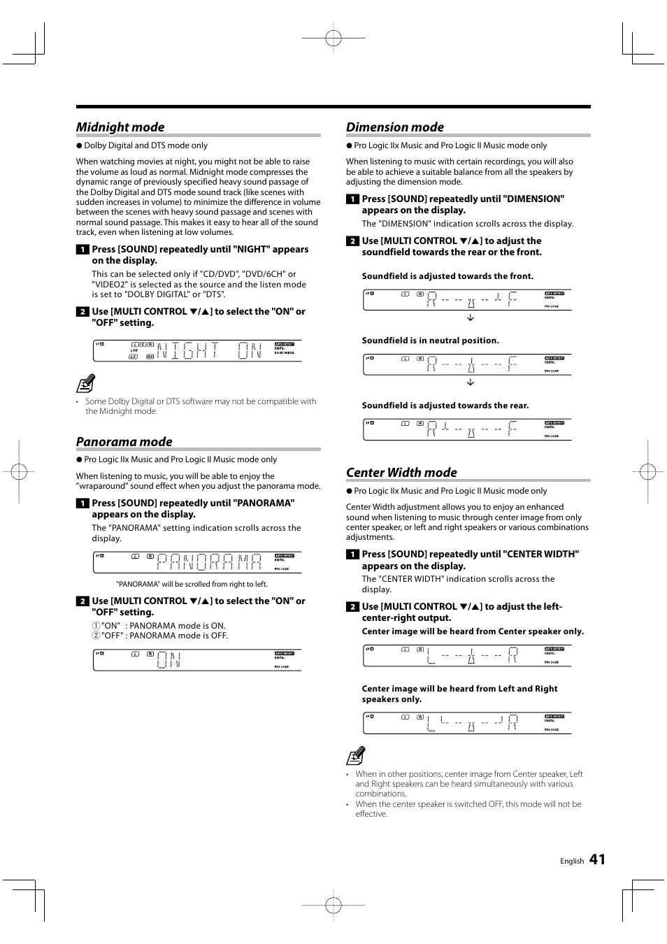 Midnight mode, Panorama mode, Dimension mode | Center width mode | Kenwood KRF-V6300D User Manual | Page 41 / 48