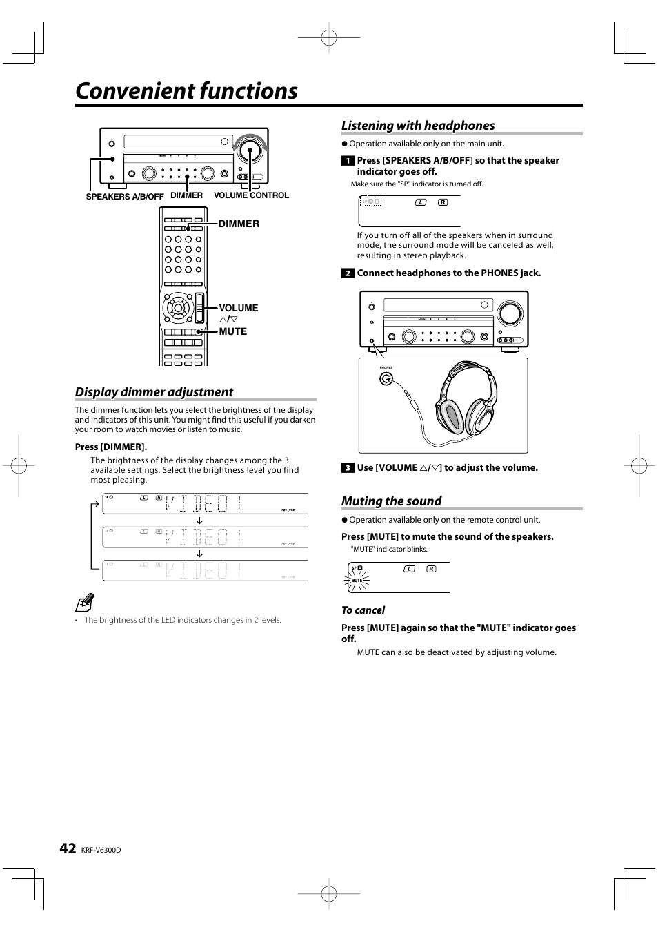 Convenient functions, Display dimmer adjustment, Listening with headphones | Muting the sound | Kenwood KRF-V6300D User Manual | Page 42 / 48