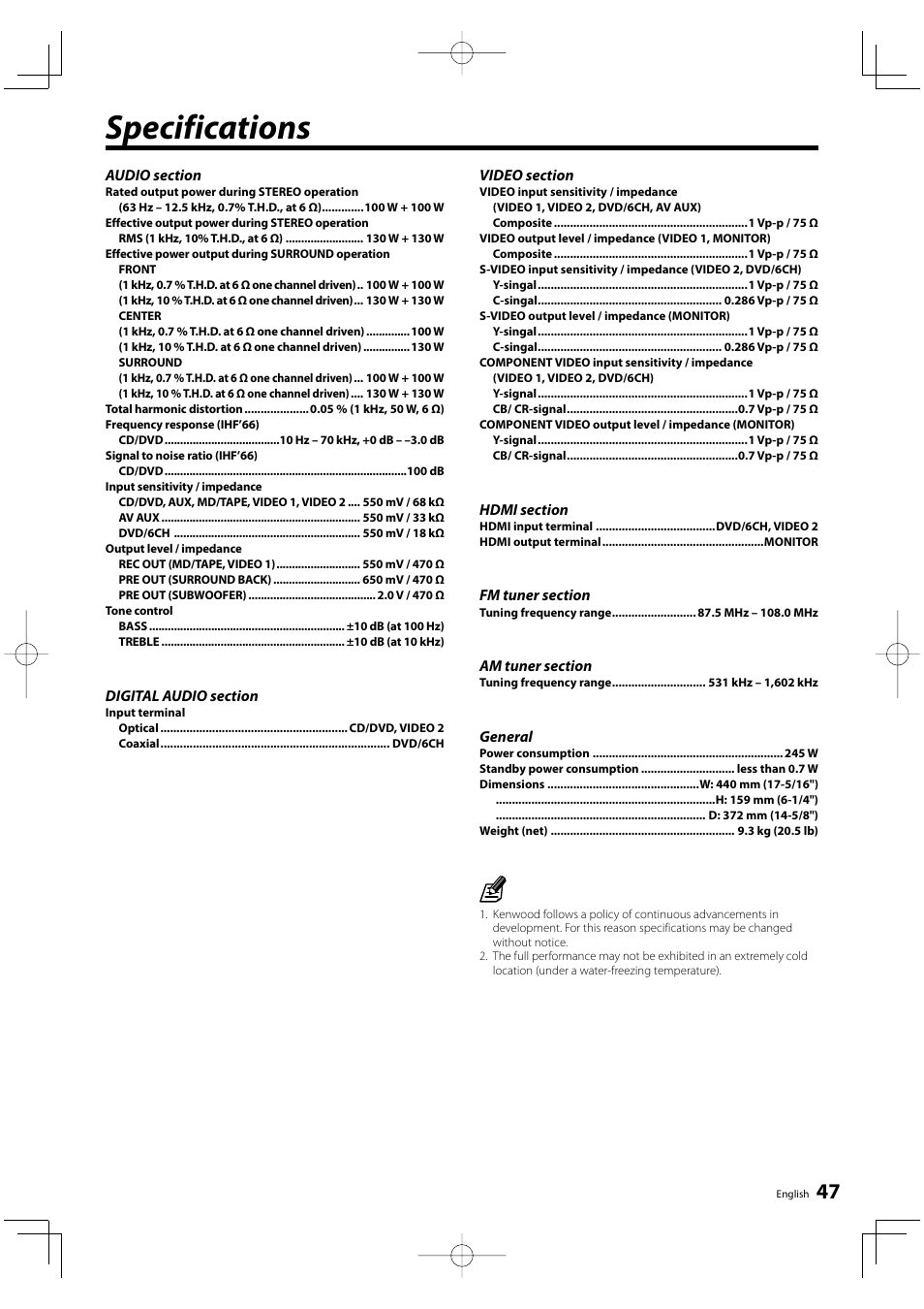 Specifications | Kenwood KRF-V6300D User Manual | Page 47 / 48