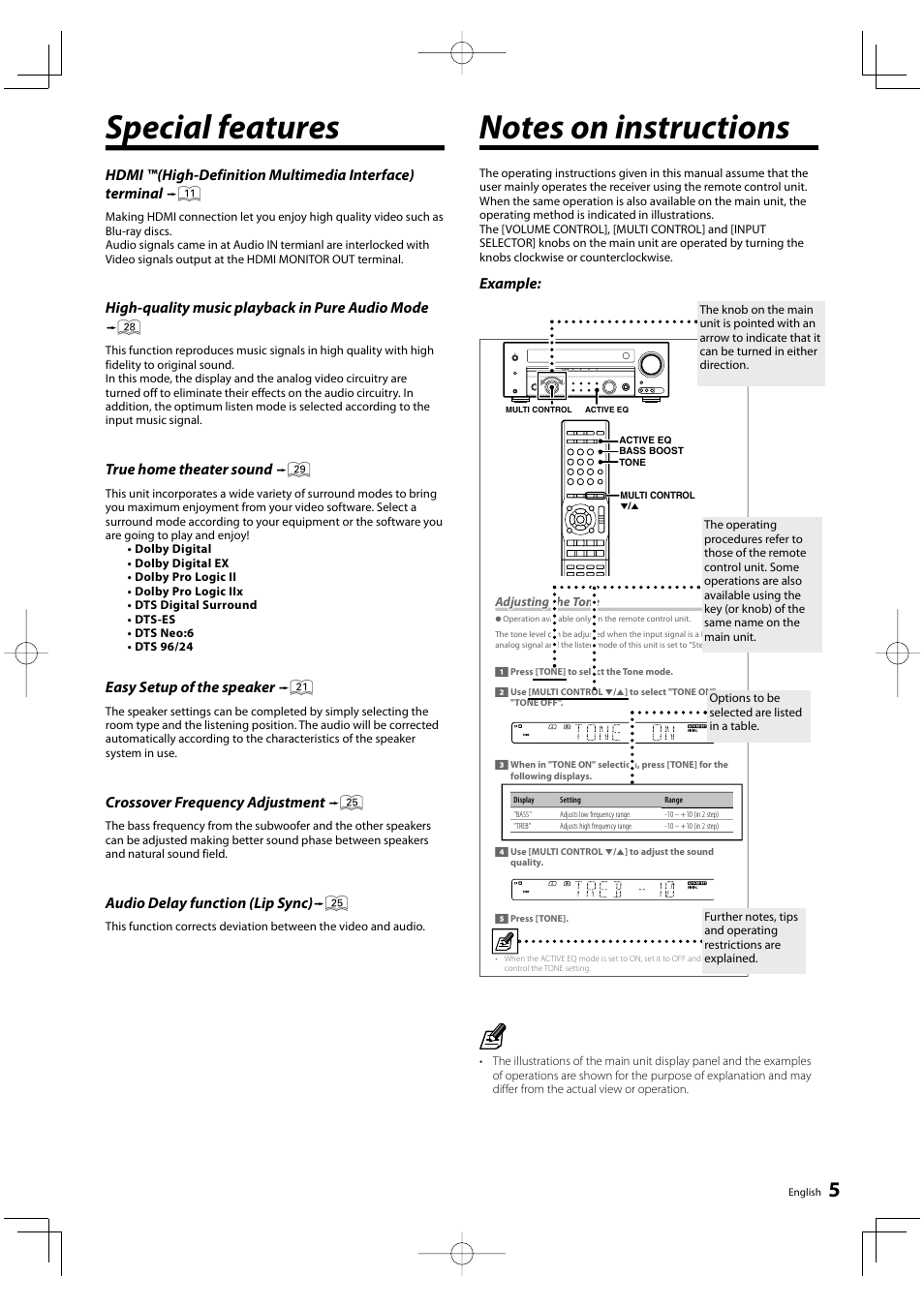 High-quality music playback in pure audio mode, True home theater sound ª, Easy setup of the speaker | Crossover frequency adjustment, Audio delay function (lip sync), Example | Kenwood KRF-V6300D User Manual | Page 5 / 48