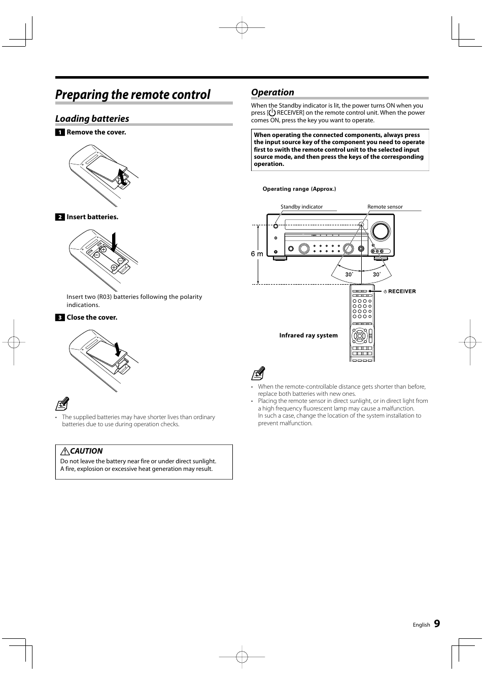 Preparing the remote control, Loading batteries, Operation | Kenwood KRF-V6300D User Manual | Page 9 / 48