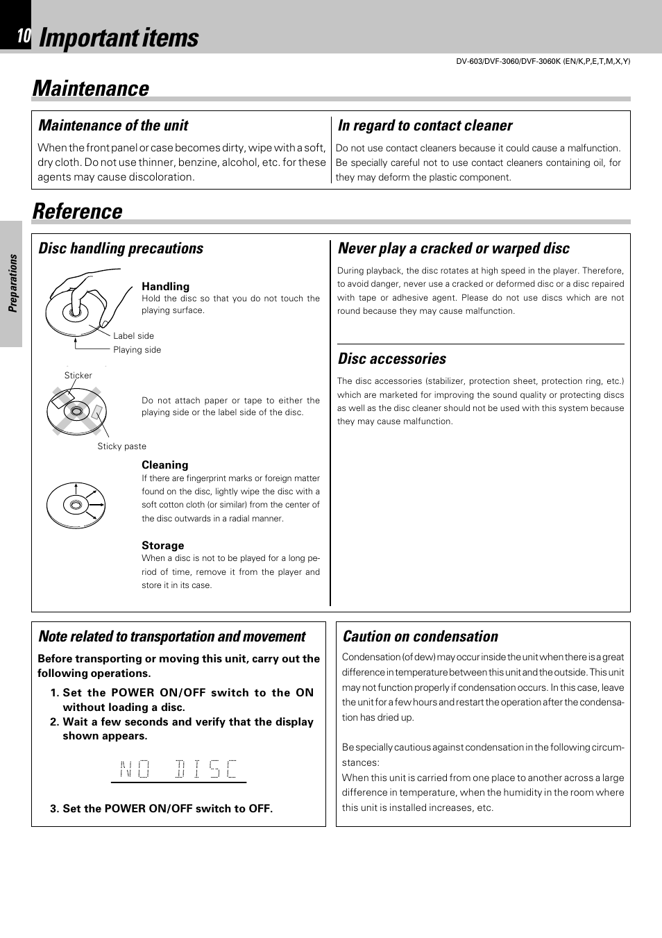 Important items, Maintenance reference, Disc handling precautions disc accessories | Never play a cracked or warped disc, Caution on condensation, Maintenance of the unit | Kenwood DVF-3060 User Manual | Page 10 / 48