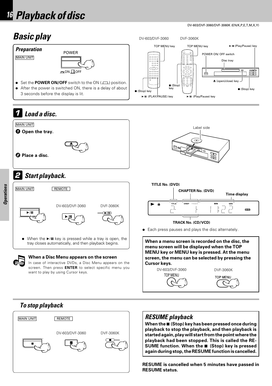Operaions, Playback of disc, Basic play | Load a disc, Start playback, Resume playback, Preparation | Kenwood DVF-3060 User Manual | Page 16 / 48
