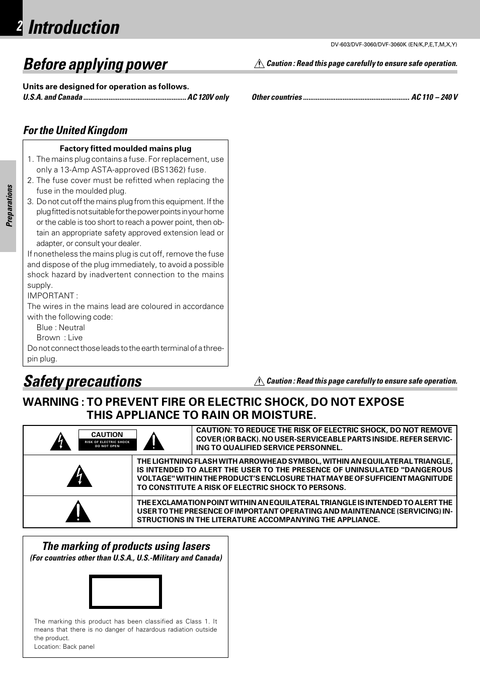 Preparations, Introduction, Safety precautions | Before applying power, The marking of products using lasers | Kenwood DVF-3060 User Manual | Page 2 / 48