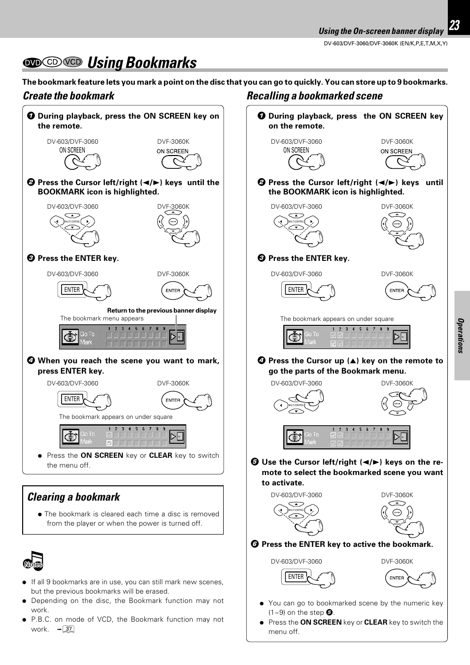 Using bookmarks, Using the on-screen banner display | Kenwood DVF-3060 User Manual | Page 23 / 48