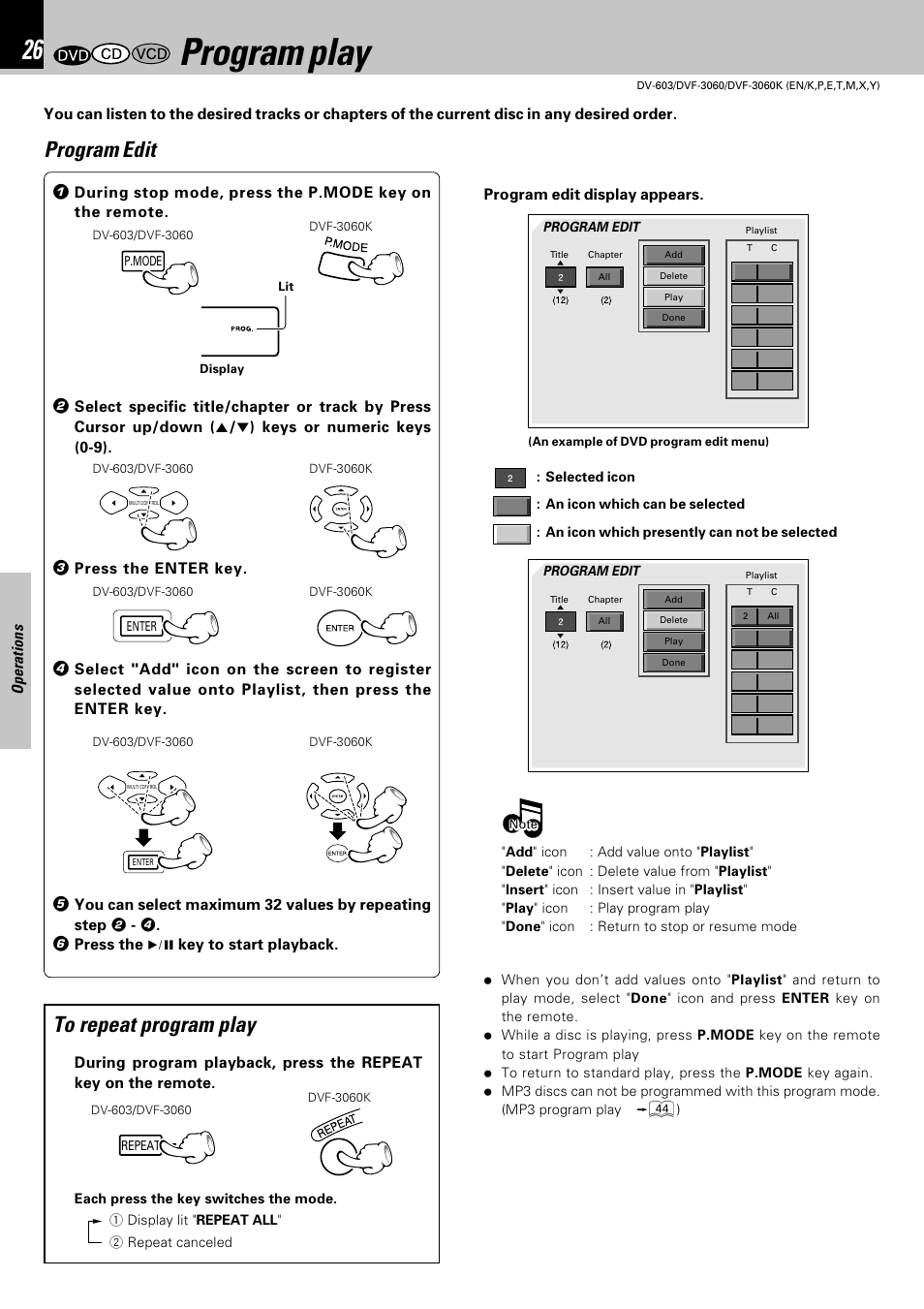 Program play, Program edit, Using the on-screen banner display | Kenwood DVF-3060 User Manual | Page 26 / 48