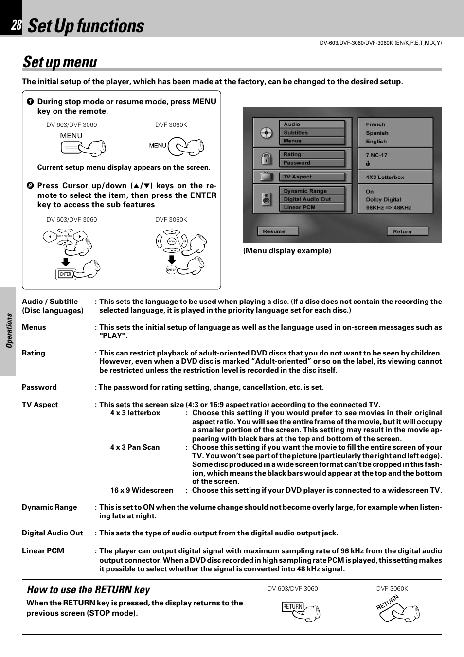 Set up functions, Set up menu, How to use the return key | Kenwood DVF-3060 User Manual | Page 28 / 48