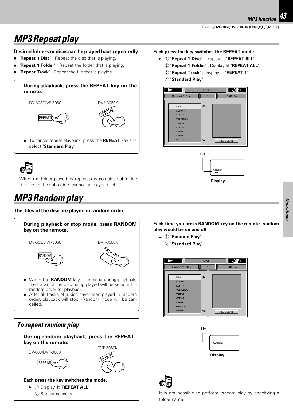 Mp3 repeat play, Mp3 random play, Set up functions | Mp3 function, Operations | Kenwood DVF-3060 User Manual | Page 43 / 48