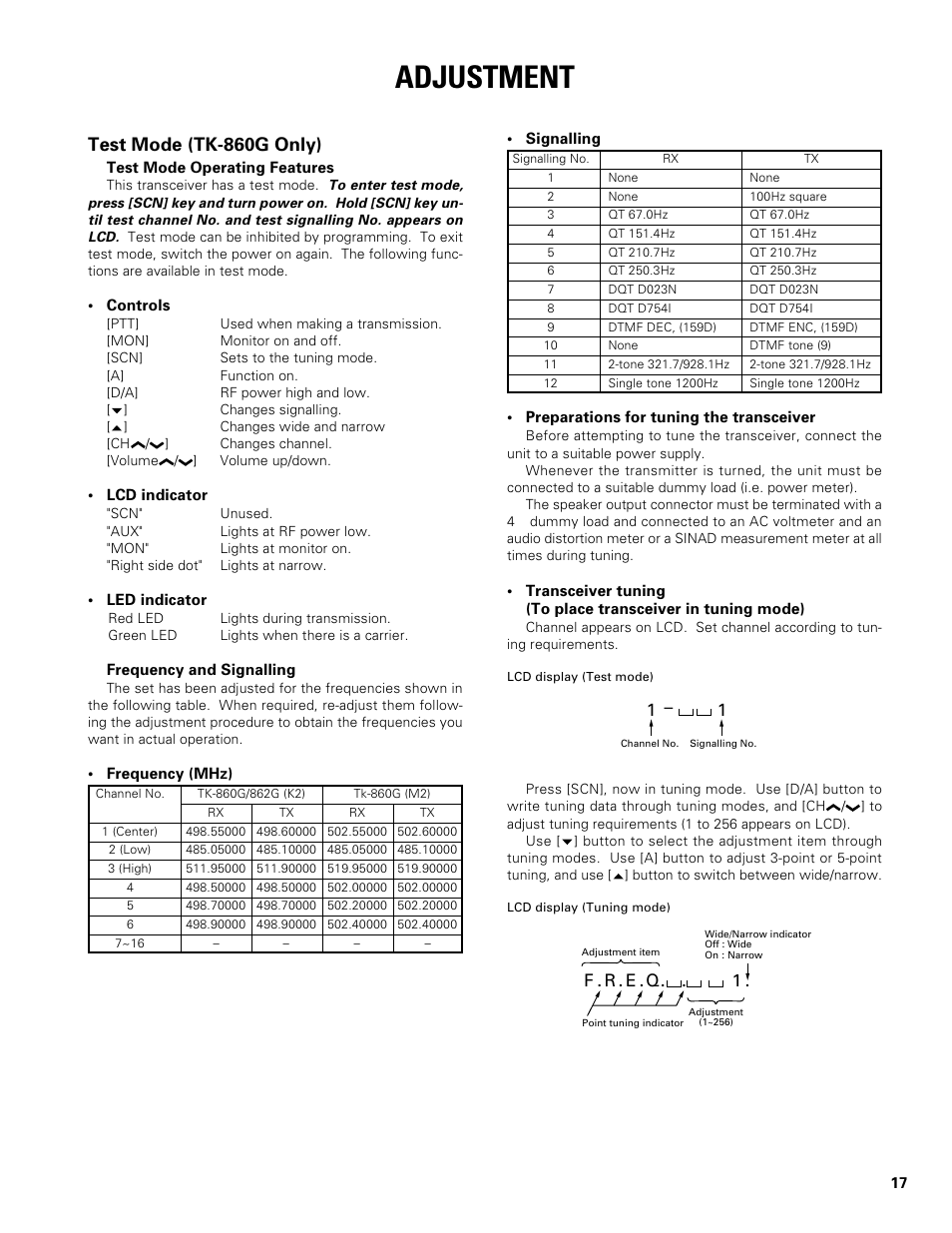 Adjustment, Test mode (tk-860g only) | Kenwood TK-862G User Manual | Page 17 / 36