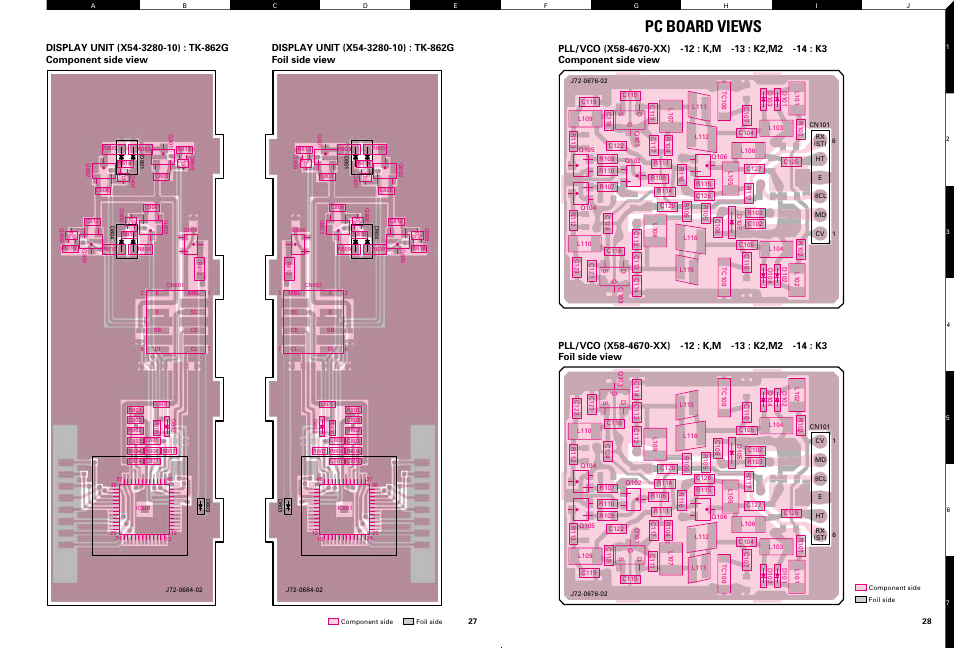 Display unit (x54-3280-10) : tk-862g, Pll/vco (x58-4670-xx), Pc board views | Kenwood TK-862G User Manual | Page 27 / 36