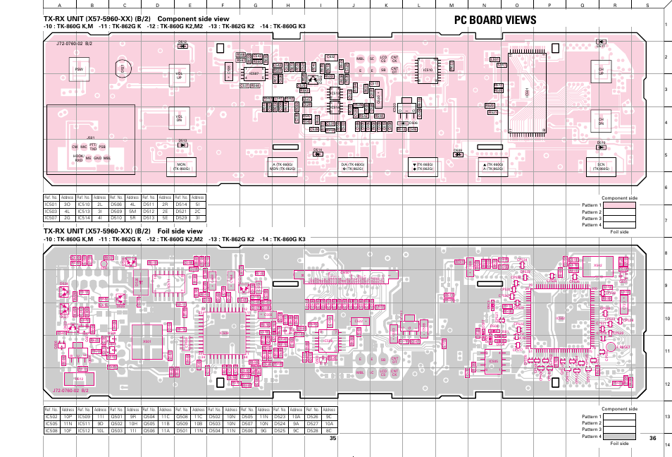 Tx-rx unit (x57-5960-xx) (b/2) component side view, Tx-rx unit (x57-5960-xx) (b/2) foil side view, Pc board views | Kenwood TK-862G User Manual | Page 31 / 36