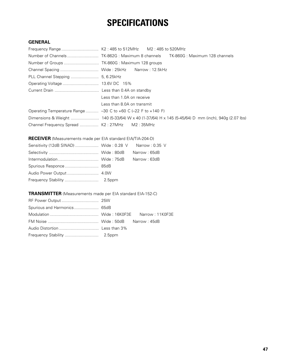 Specifications | Kenwood TK-862G User Manual | Page 35 / 36