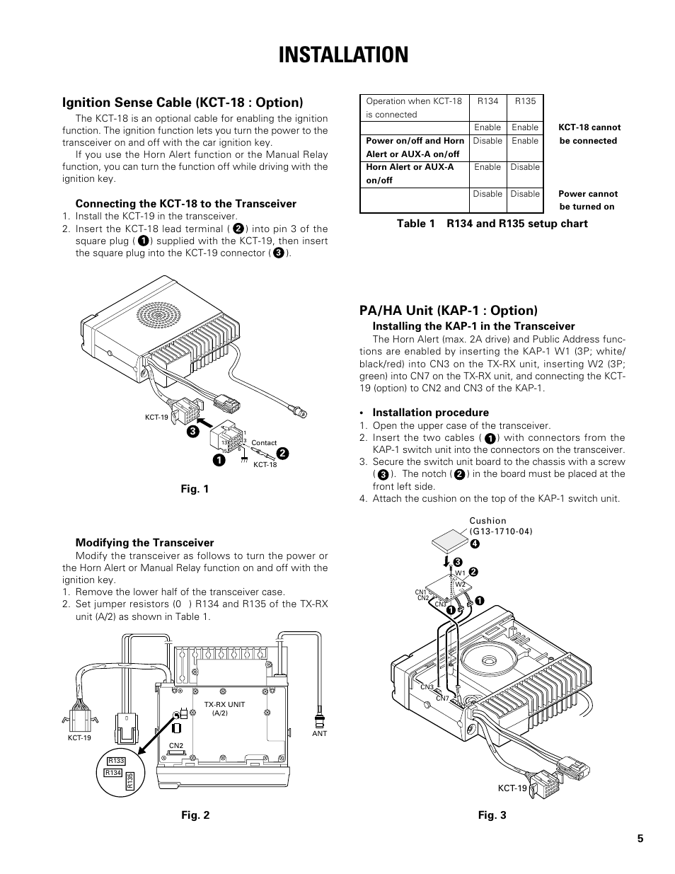 Installation, Ignition sense cable (kct-18 : option), Ph/ha unit (kap-1 : option) | Pa/ha unit (kap-1 : option) | Kenwood TK-862G User Manual | Page 5 / 36