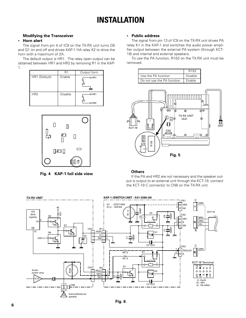 Installation, Others, Fig. 6 ■ modifying the transceiver • horn alert | Fig. 4 kap-1 foil side view • public address, Fig. 5 | Kenwood TK-862G User Manual | Page 6 / 36