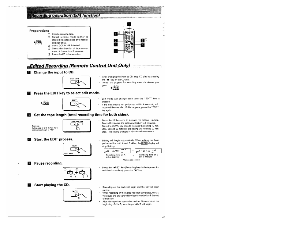 Preparations, Change the input to cd, Press the edit key to select edit mode | Start the edit process, Pause recording | Kenwood MS-A5 User Manual | Page 25 / 32