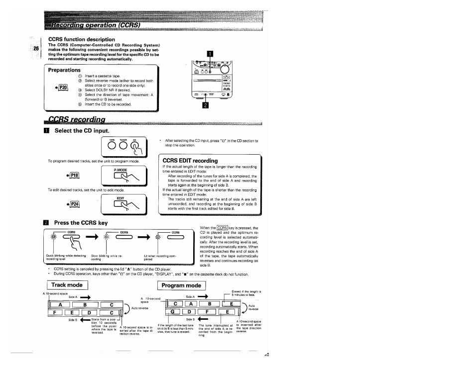 Ocrs function description, Select the cd input, Ccrs edit recording | Track mode, Program mode | Kenwood MS-A5 User Manual | Page 26 / 32