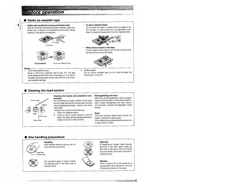 Notes on cassette tape, Cleaning the head section, Disc handling precautions | Kenwood MS-A5 User Manual | Page 6 / 32