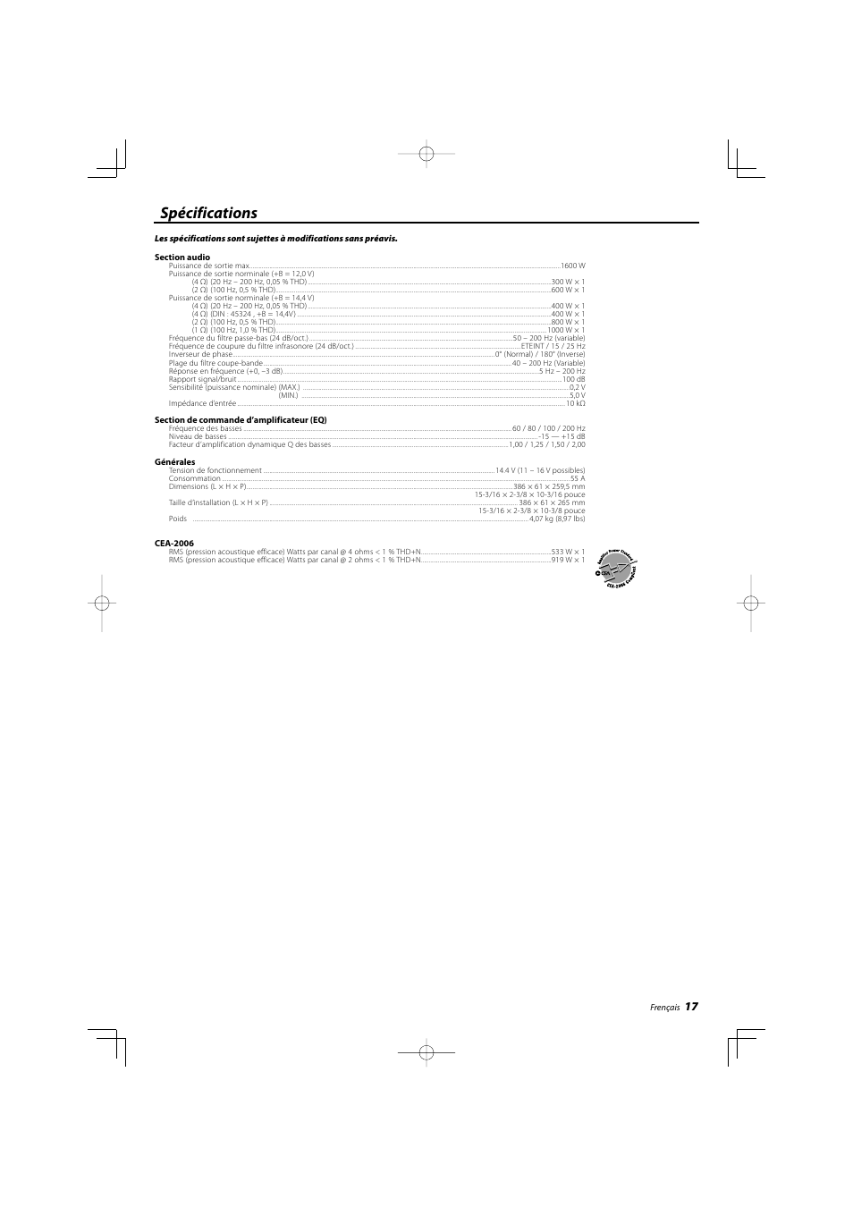 Spécifications | Kenwood 25th Anniversary Products XXV-03A User Manual | Page 17 / 28