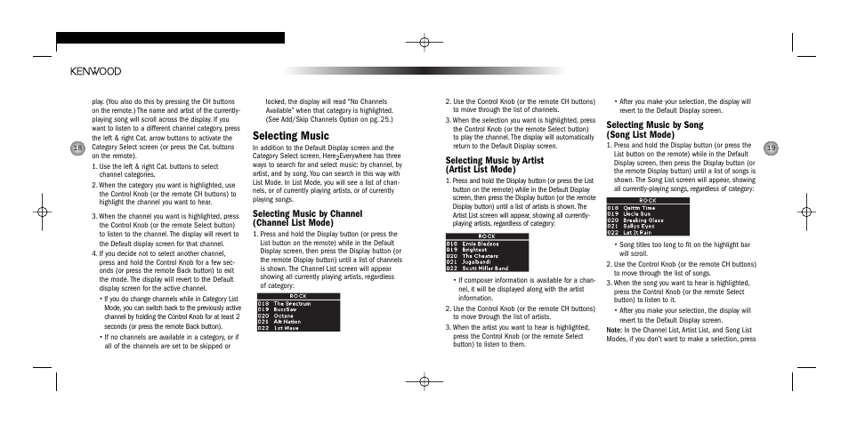 Selecting music, Selecting music by artist (artist list mode), Selecting music by song (song list mode) | Selecting music by channel (channel list mode) | Kenwood HERE2EVERYWHERE SYSTEM-H2EV User Manual | Page 10 / 17