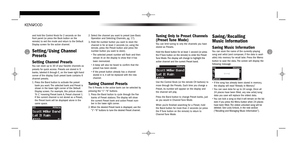 Saving/recalling music information, Setting/using channel presets, Tuning only to preset channels (preset tune mode) | Saving music information, Setting channel presets, Tuning channel presets | Kenwood HERE2EVERYWHERE SYSTEM-H2EV User Manual | Page 11 / 17