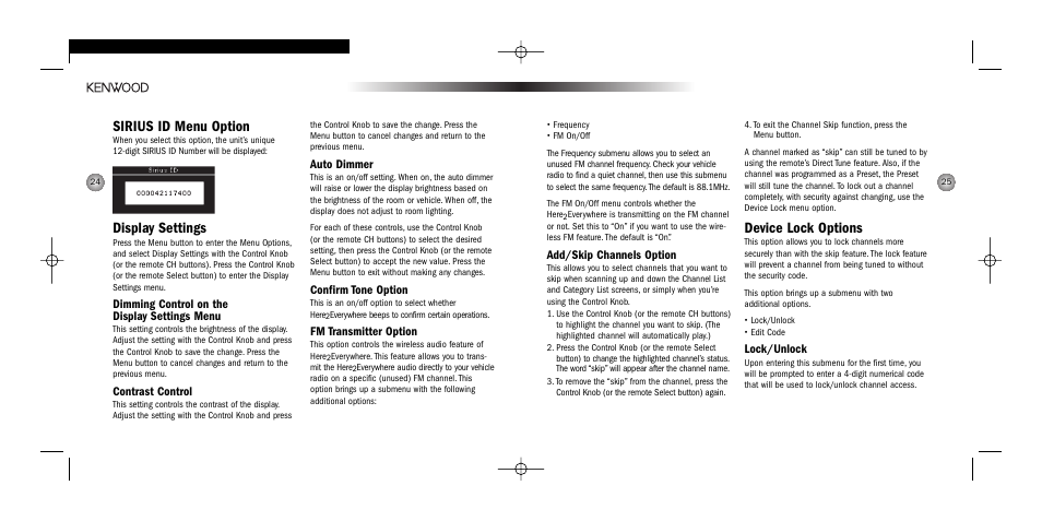 Device lock options, Sirius id menu option, Display settings | Add/skip channels option, Lock/unlock, Dimming control on the display settings menu, Contrast control, Auto dimmer, Confirm tone option, Fm transmitter option | Kenwood HERE2EVERYWHERE SYSTEM-H2EV User Manual | Page 13 / 17