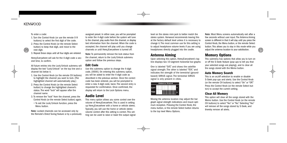Antenna aiming, Audio level, Edit code | Kenwood HERE2EVERYWHERE SYSTEM-H2EV User Manual | Page 14 / 17
