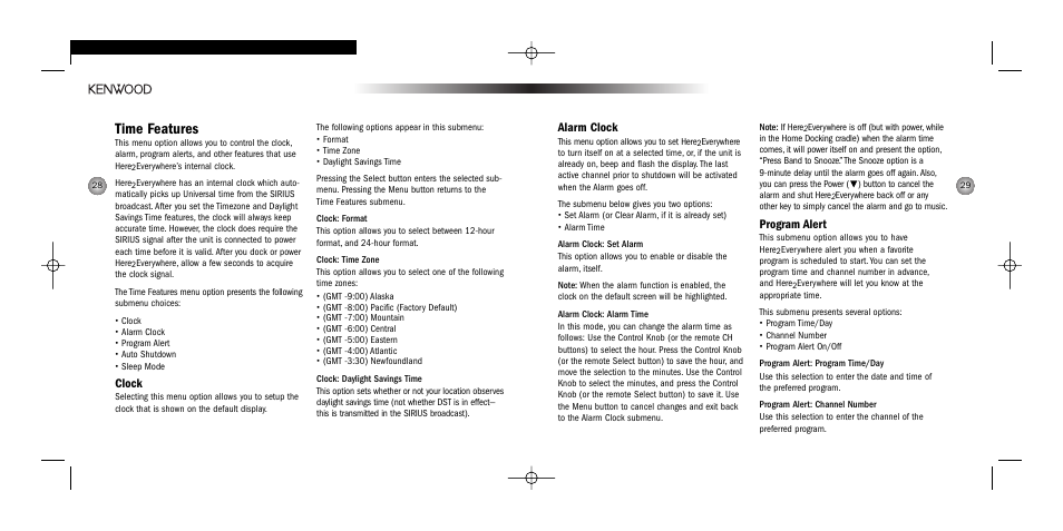 Time features, Clock, Alarm clock | Program alert | Kenwood HERE2EVERYWHERE SYSTEM-H2EV User Manual | Page 15 / 17