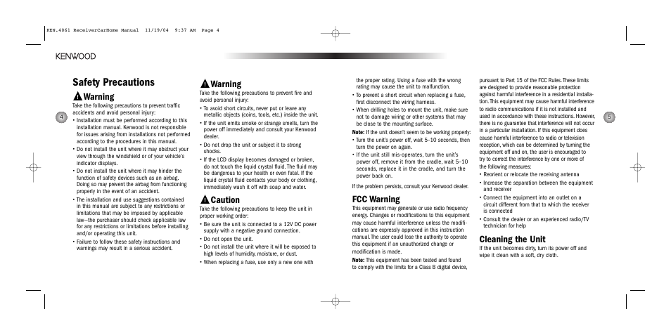 Safety precautions, Fcc warning, Cleaning the unit | Warning, Caution | Kenwood HERE2EVERYWHERE SYSTEM-H2EV User Manual | Page 3 / 17