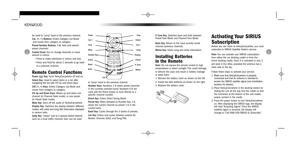 Activating your sirius subscription, Installing batteries in the remote, Remote control functions | Kenwood HERE2EVERYWHERE SYSTEM-H2EV User Manual | Page 8 / 17